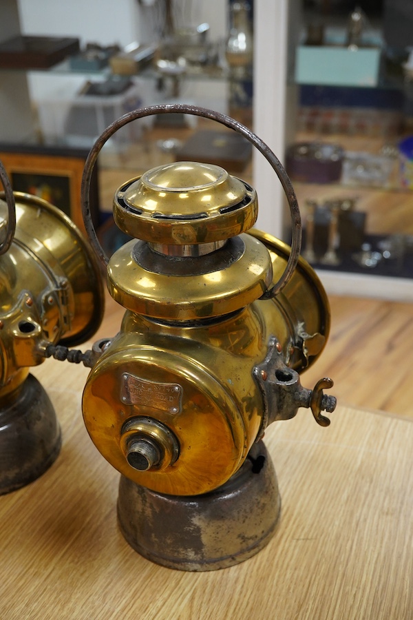 A pair of brass side lamps by Lucas Ltd. Birmingham, “King of the Road” No.740, both with early conversions to electricity, missing original burners, but fitted with small bayonet lamp fittings. Condition - fair to good.